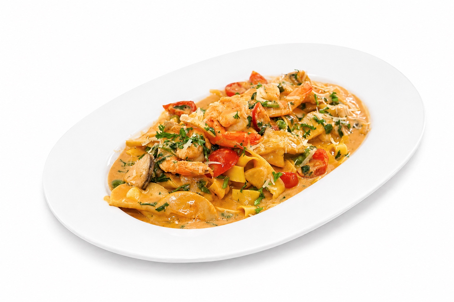 Fettuccine với tôm sú và nấm tươi
